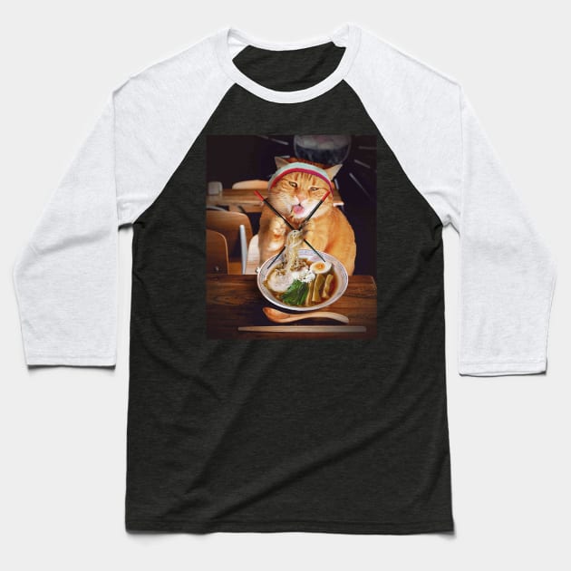 Funny Cat Eating Ramen Noodles Baseball T-Shirt by Random Galaxy